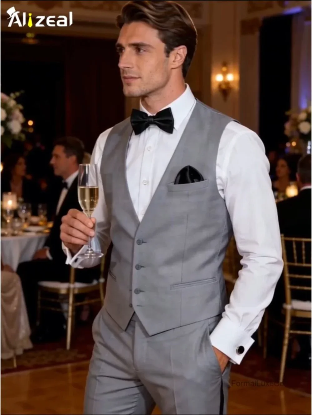 Mens Tuxedo Bow Tie Hanky and Cufflinks Set Polyester Silk Wedding Party